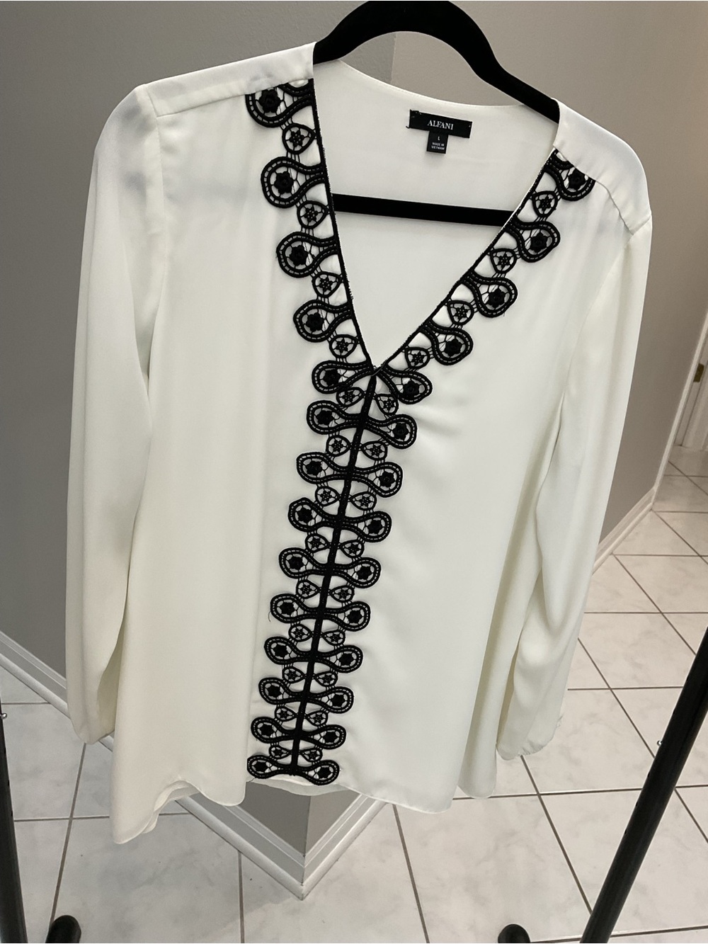 Alfani White V-Neck Blouse with Black Loop Lace Trim